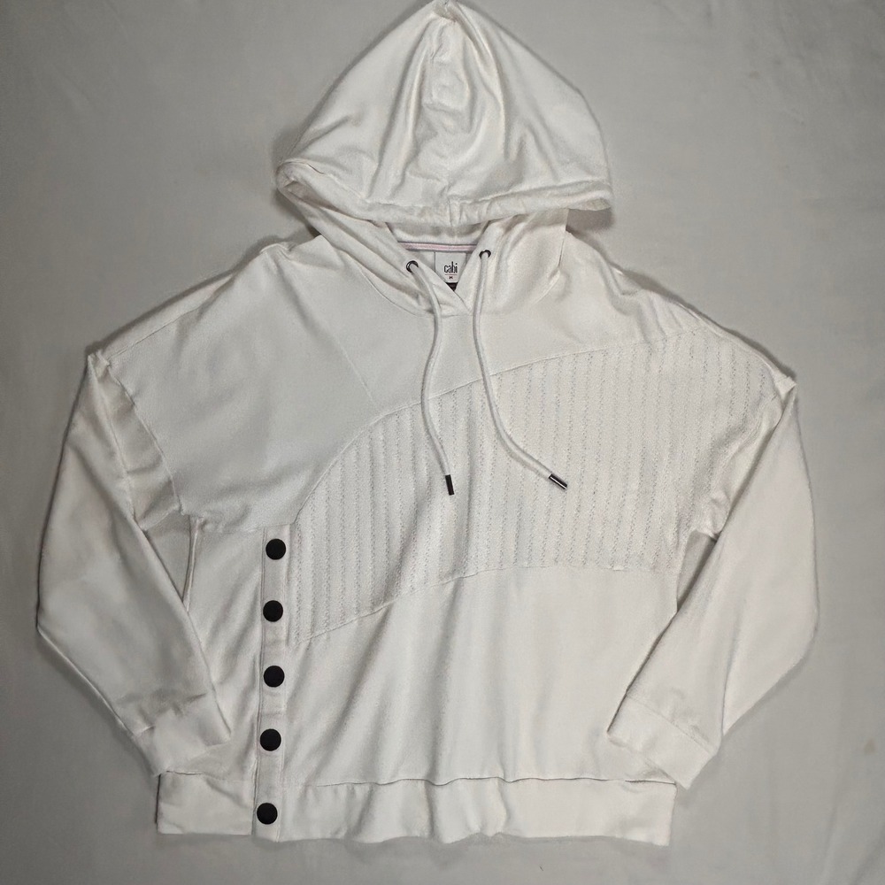 Cabi ATC Roadtrip Hoodie Womens M White Asymmetrical Mixed Texture Button Detail - Picture 1 of 10